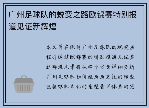 广州足球队的蜕变之路欧锦赛特别报道见证新辉煌
