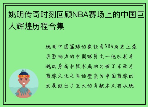 姚明传奇时刻回顾NBA赛场上的中国巨人辉煌历程合集